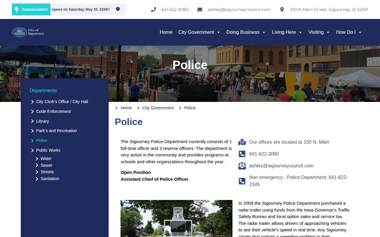 Sigourney Police Department contact page for recent arrest records